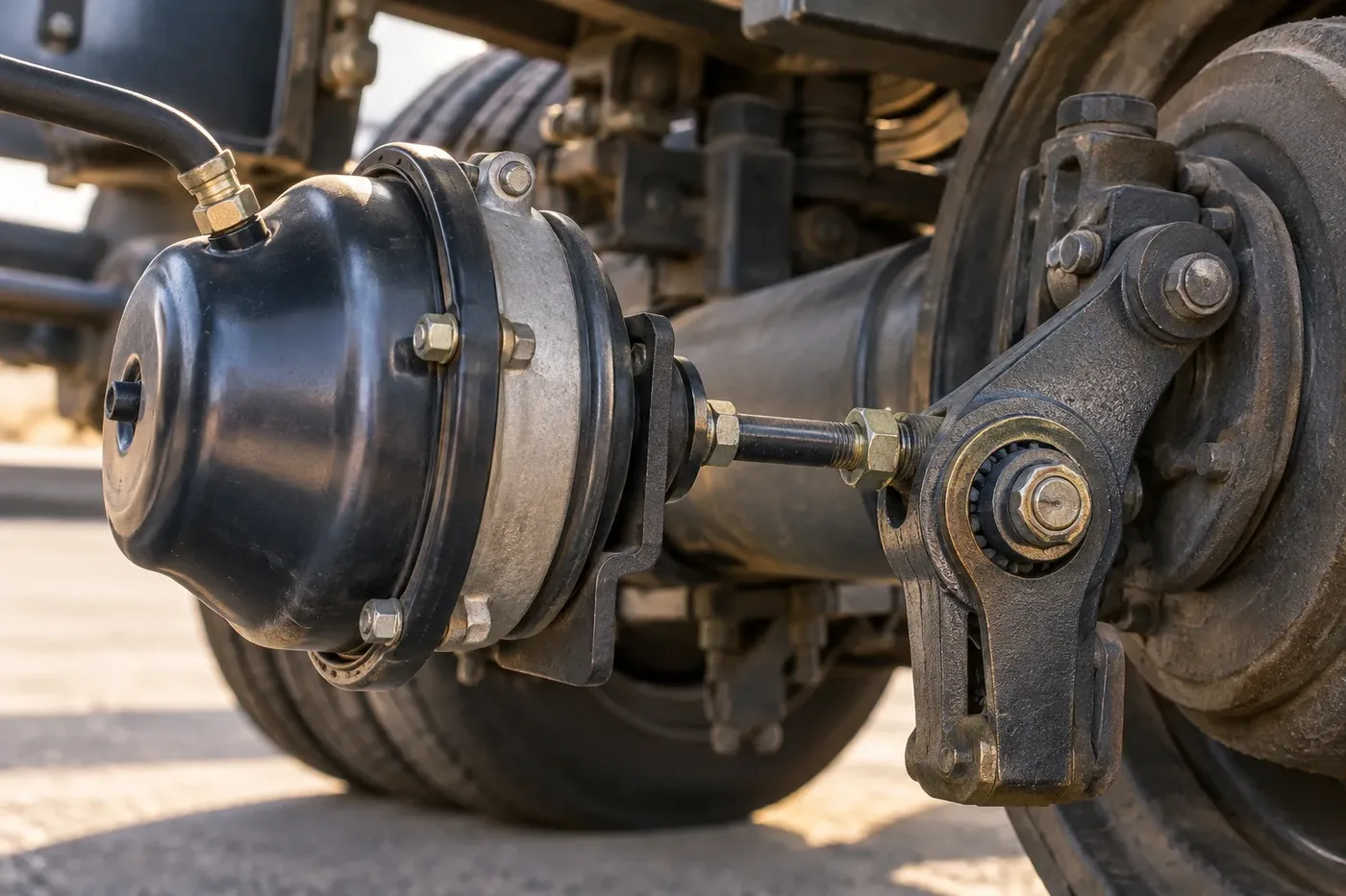 Illustration of an air brake system on a commercial truck's wheel assembly