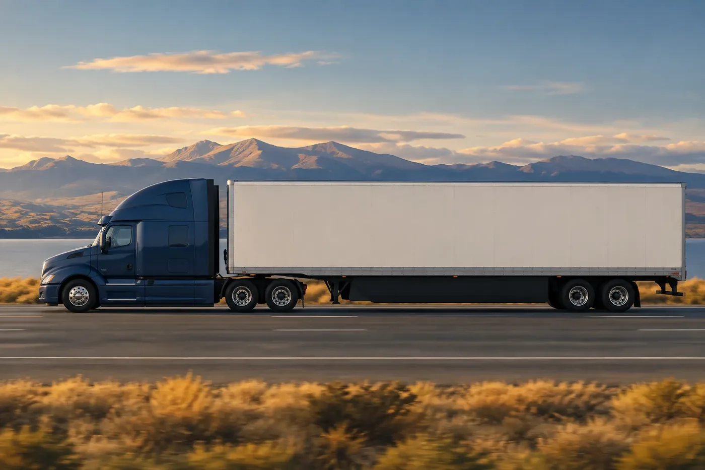 Illustration of a tractor-trailer combination vehicle on a highway