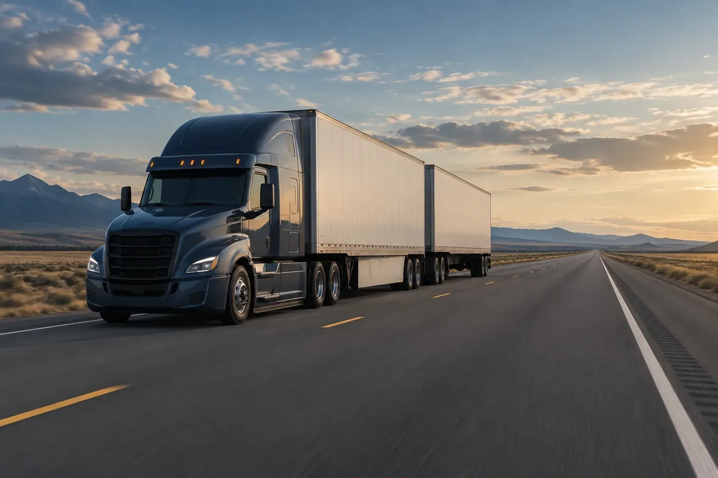 Illustration of a truck pulling two trailers in tandem on a highway