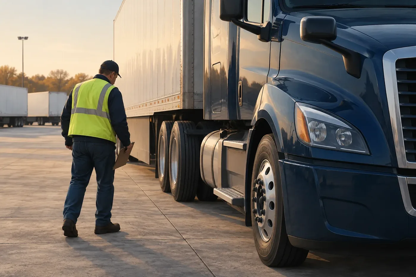 Illustration of a commercial truck driver reviewing a pre-trip checklist