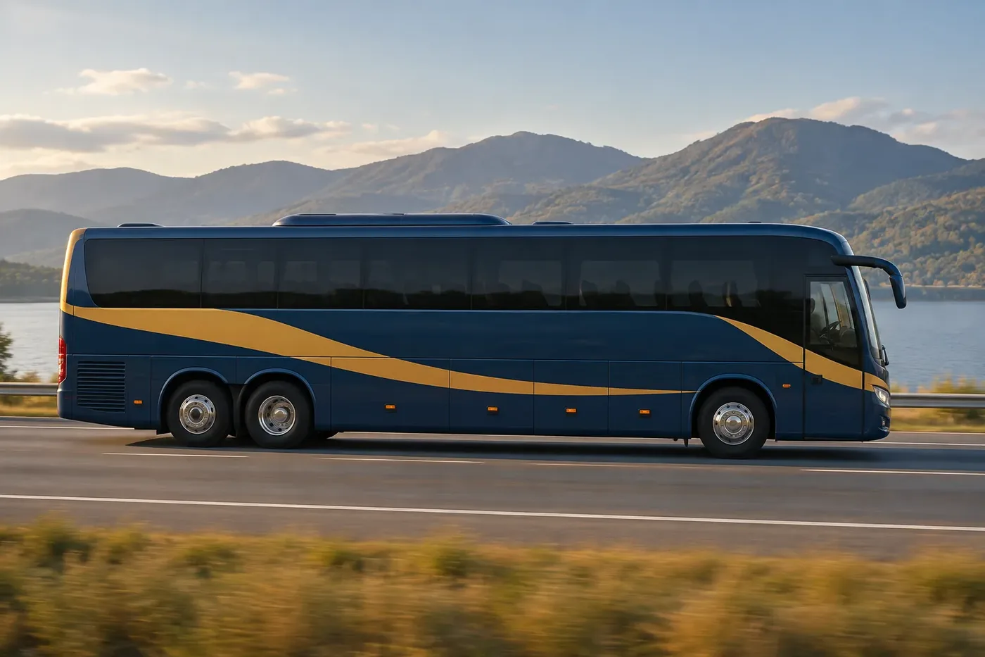 Illustration of a passenger motorcoach bus on the road