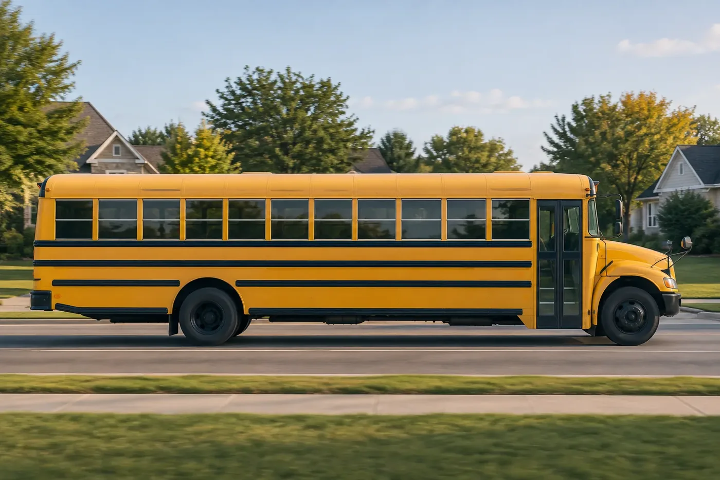 Illustration of a yellow school bus on a suburban road