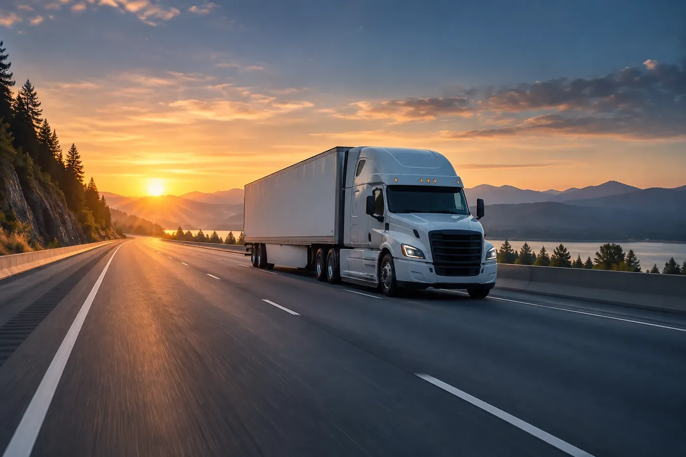 Illustration of a commercial truck on a highway at sunrise